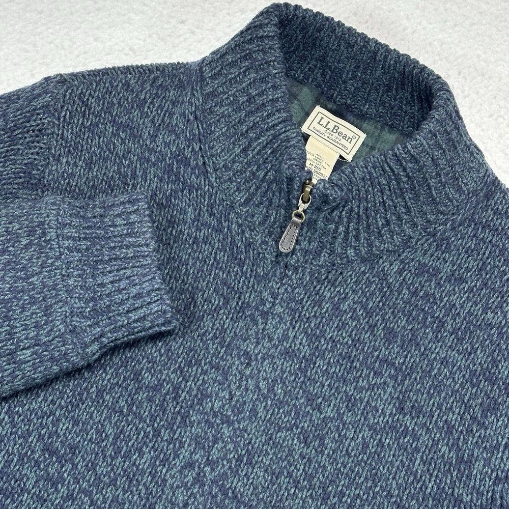 LL Bean Mens Lambs Wool Full Zip Sweater Jacket Blue Green Plaid Lined Pockets